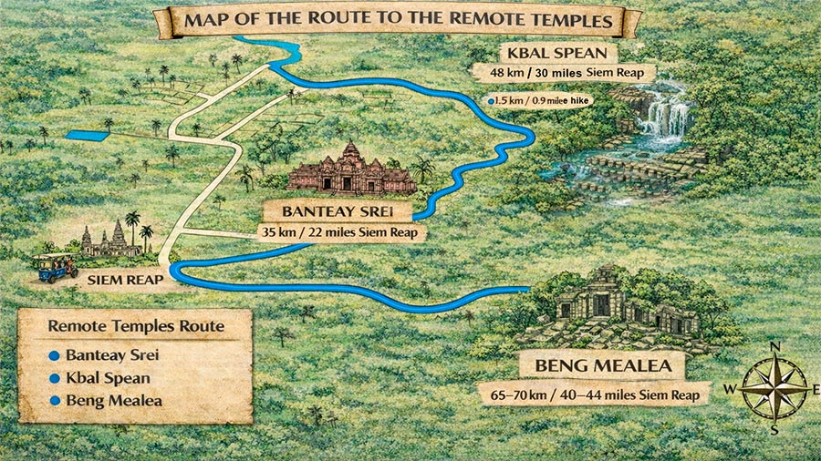 Map of the Remote Temples Route in Angkor with marked temples