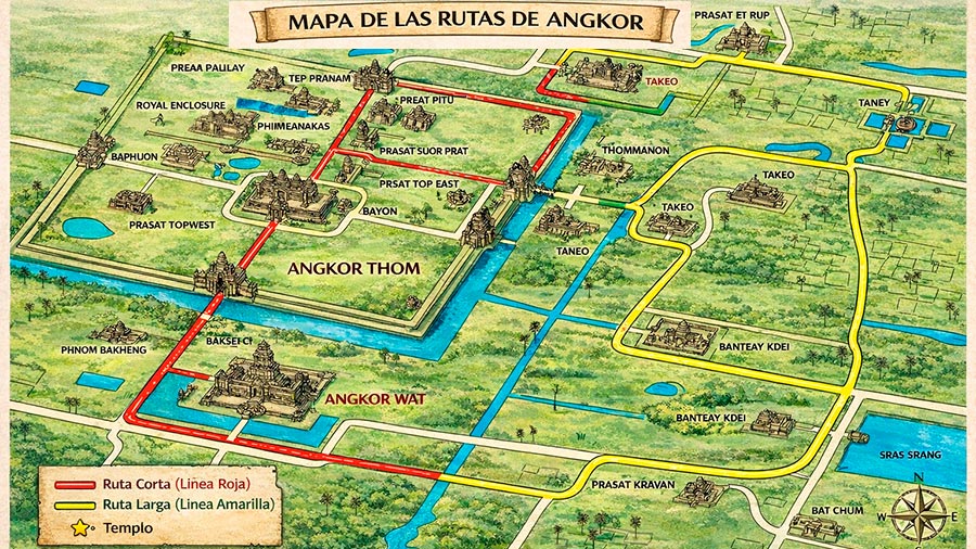 Mapa de la Ruta Corta y Ruta Larga de Angkor Wat con templos señalados