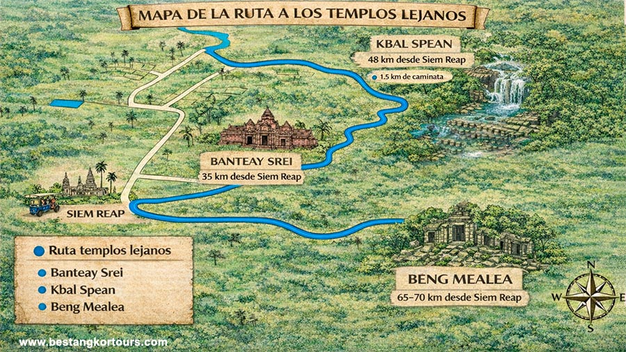 Mapa de la Ruta de los Templos Lejanos de Angkor con templos marcados